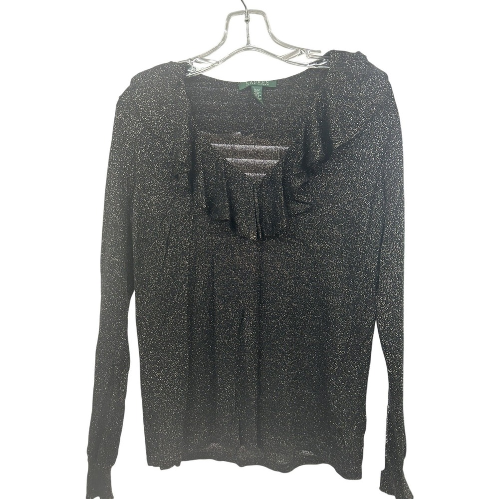 Lauren Ralph Lauren Womens Metallic Black Gold Ruffle V-Neck Knit Top Medium